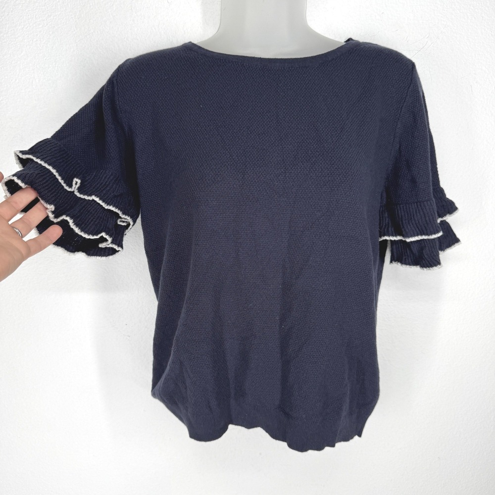 Ann Taylor Navy Ruffle Sleeve Knit Sweater Top Womens Medium Preppy Old Money